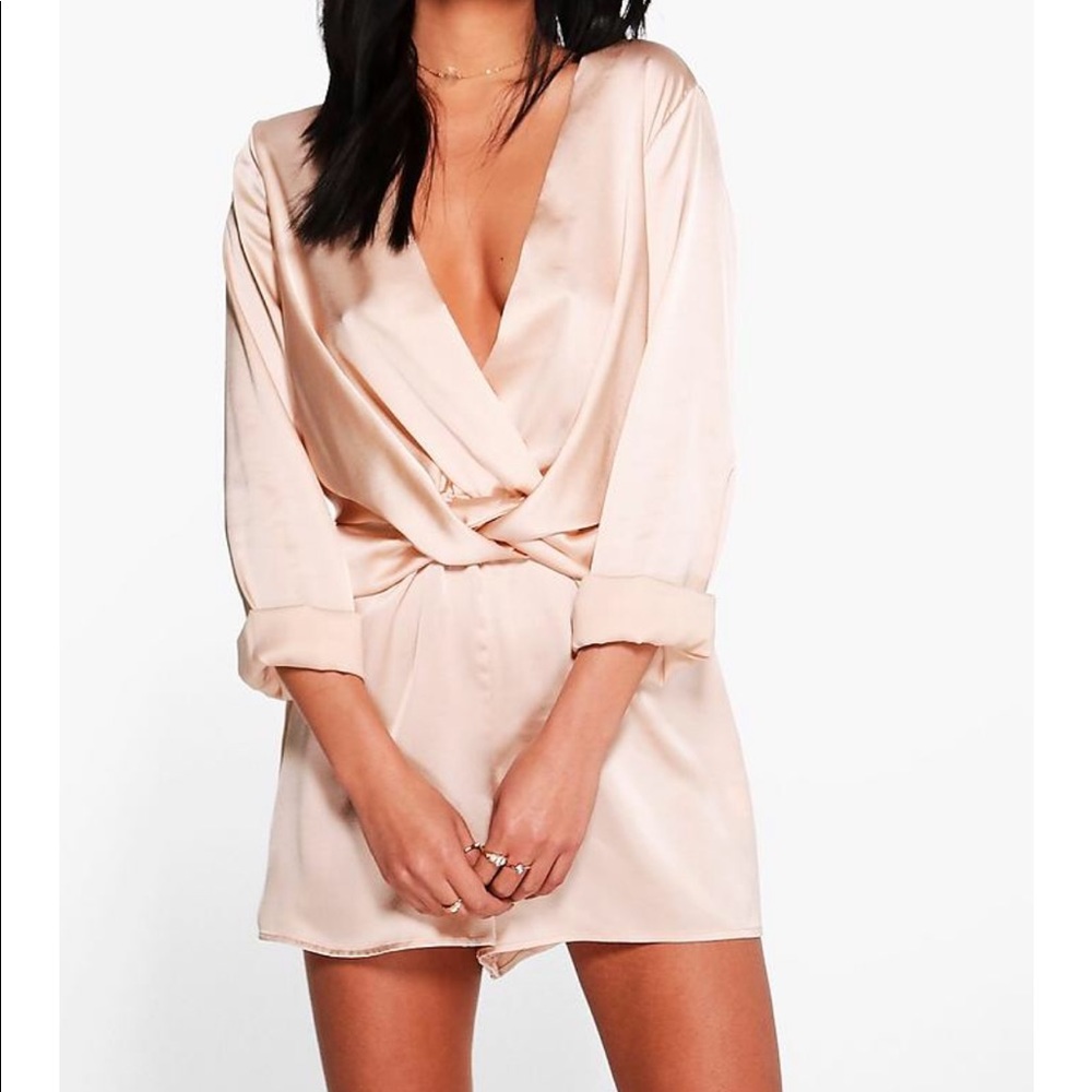 Twist Front Satin Playsuit | Boohoo